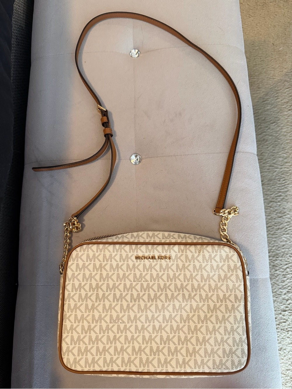 Michael Kors Cream MK Logo Crossbody with Tan Trim and Gold Chain